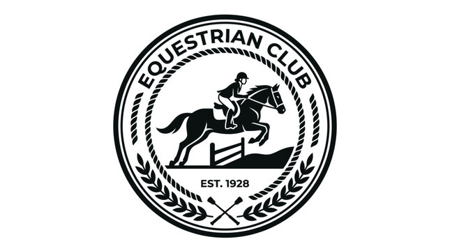 Equestrian club logo design with horse jumping over fence, vintage badge style