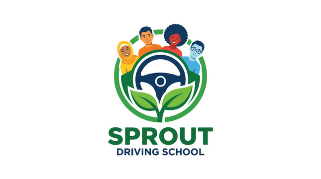 Diverse group of people around a steering wheel with leaves, symbolizing growth and learning at a driving school.