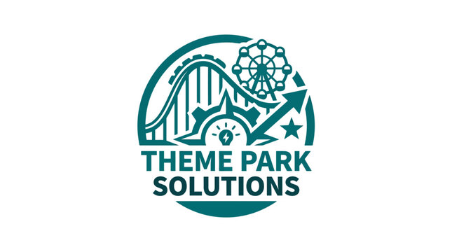 Theme park solutions logo with roller coaster and Ferris wheel graphic element