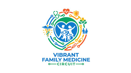 Fototapeta premium Vibrant family medicine circuit logo with healthcare icons and family silhouette