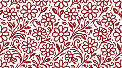 Seamless red floral pattern with daisy flowers and leaf vines on white background © Robich Art