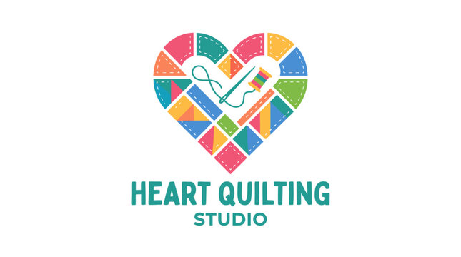 Colorful heart quilt logo with needle and thread, graphic element