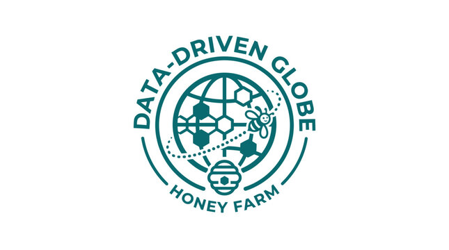 Honey farm logo with bee and data globe graphic element
