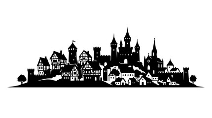 Fototapeta premium Medieval Town Silhouette with Castle and Timber Framed Houses