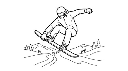 Fototapeta premium Snowboarder performing jump trick in mountain landscape outline illustration