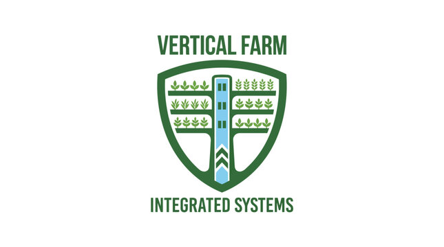 Vertical farm integrated systems logo with green shield and plant illustration