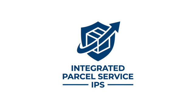 Modern vector logo for integrated parcel service with shield, box, and arrow graphic element.