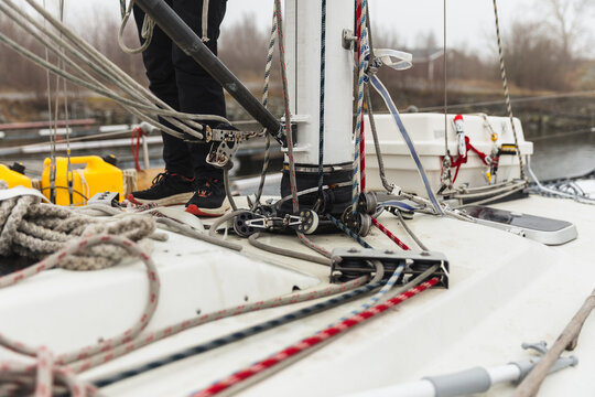Close Up of Running Rigging and Rope Organizers on Yacht Deck