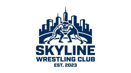 Obraz premium Wrestling club logo with city skyline and athletes, graphic element