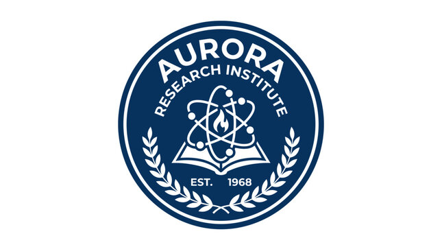 Aurora Research Institute logo emblem with open book and atom graphic