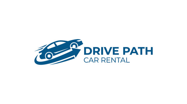 Car rental logo with a car driving on an arrow path, blue graphic element