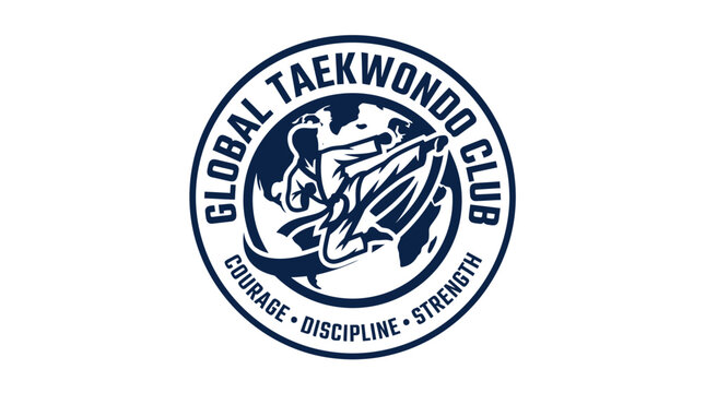 Global Taekwondo Club emblem with martial artist performing kick, courage, discipline, strength text