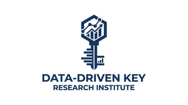 Data-driven key logo with upward trending graph and stats, vector illustration