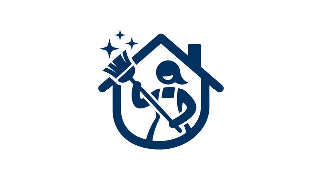 Cartoon cleaning service logo with woman sweeping inside house outline, graphic element