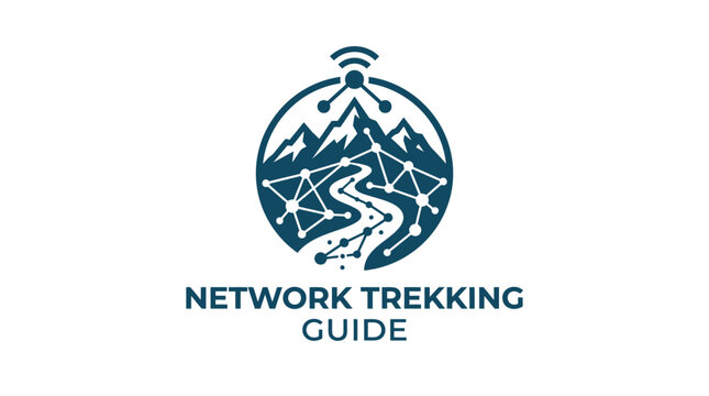 Mountain network path logo with signal icon, representing connectivity and guidance in nature exploration.