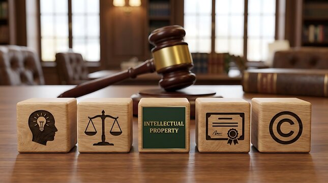 Conceptual depiction of intellectual property law with symbolic wooden blocks representing ideas, justice, patents, and copyright in a courtroom setting.