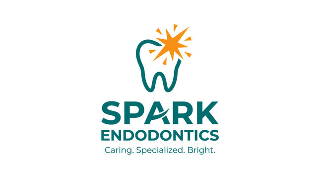 Dental logo with tooth and spark graphic, clean vector design on white