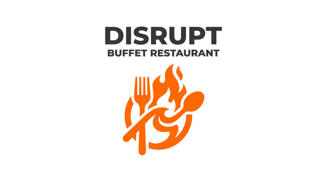 Restaurant logo with fork, spoon, and flame graphic elements