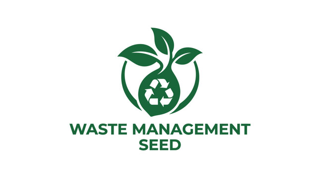 Green recycling logo with leaf sprouts and text "Waste Management Seed"
