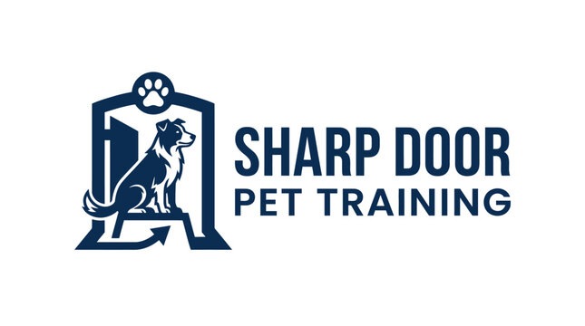 Vector logo for Sharp Door Pet Training featuring a dog silhouette inside an open doorway graphic