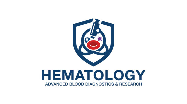 Hematology concept logo with microscope and blood cell on shield, vector illustration