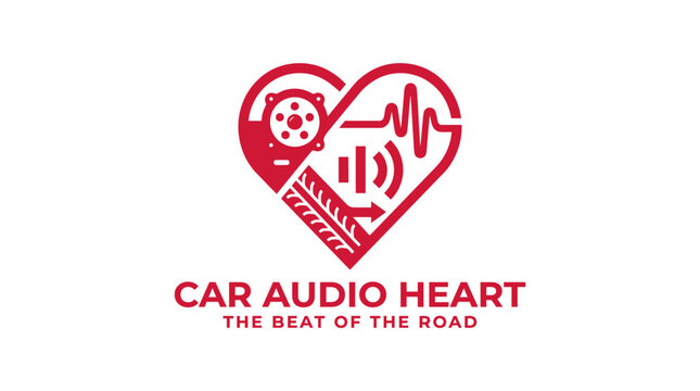 Car audio heart logo with sound wave and tire tread, vector graphic