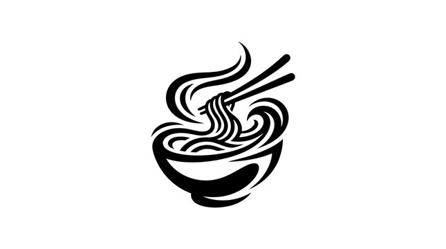 Steaming bowl of noodles with chopsticks, stylized graphic element on white background