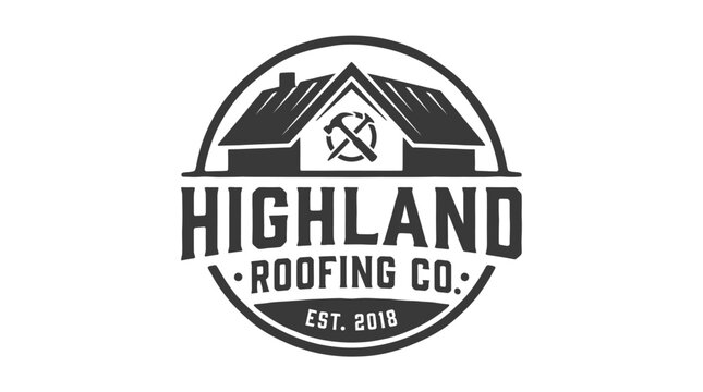Rustic roofing company logo with house and tools, vintage emblem graphic element