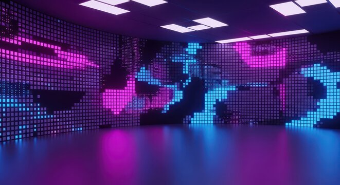 Futuristic Pixel Art Room with Neon Pink and Blue LED Wall Display