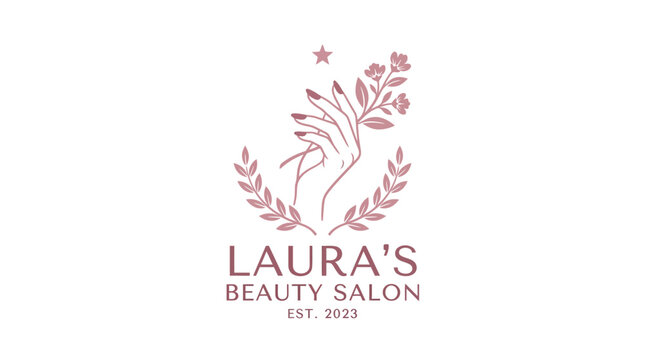 Elegant hand holding floral branch with star and laurel wreath, logo for beauty salon