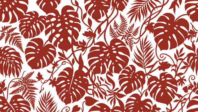 Seamless pattern of tropical monstera and palm leaf silhouettes in terracotta brown