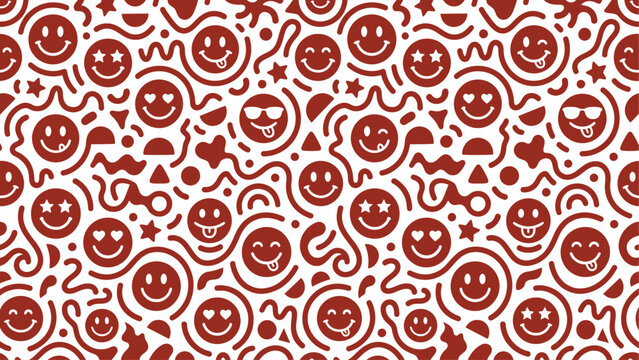 Seamless pattern of doodle smiley face emojis with expressive faces and abstract lines on white background