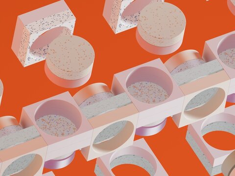 Colorful Geometric Shapes on an Orange Background in a Pattern