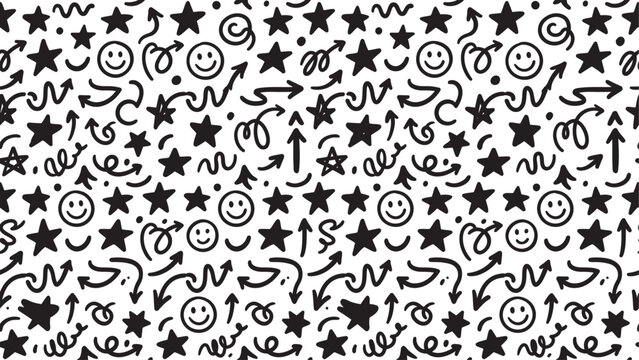 Seamless black and white doodle pattern featuring hand-drawn smiley faces, stars, and curved arrows. Monochrome cartoon background vector illustration.