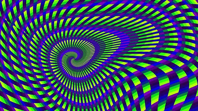 Hypnotic green and purple optical illusion spiral rotating in a psychedelic 3D vortex animation for background