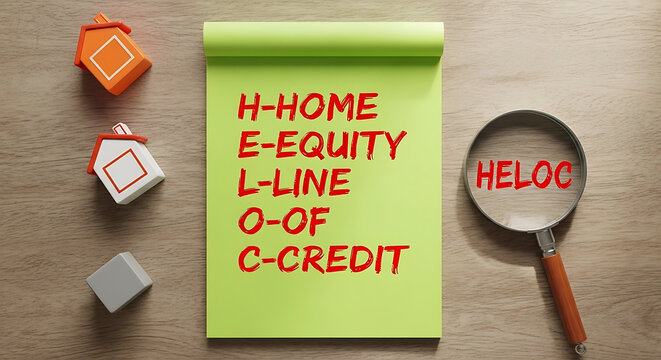 Home equity line of credit heloc concept with houses and magnifying glass on wooden table