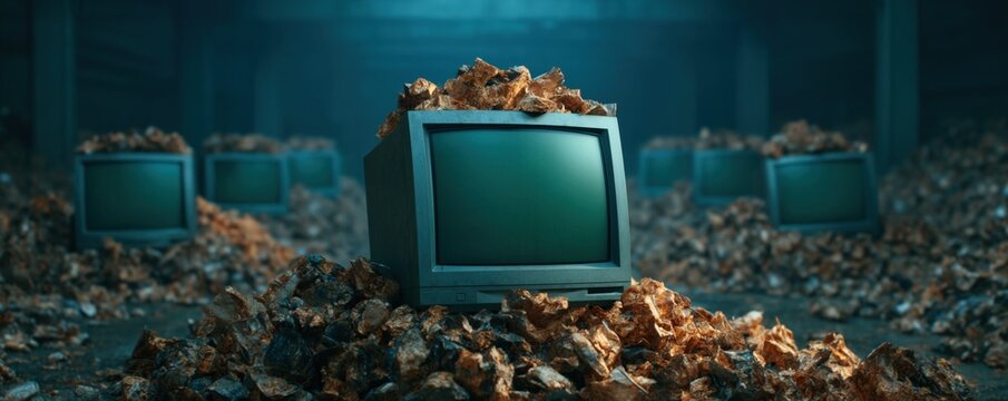 Electronic waste old computer monitor recycle technology landfill junkyard obsolete device damaged screen Old computer monitor electronic waste