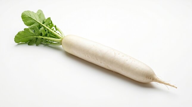 Long white daikon radish with fresh green leaves lying diagonally on a pristine white surface