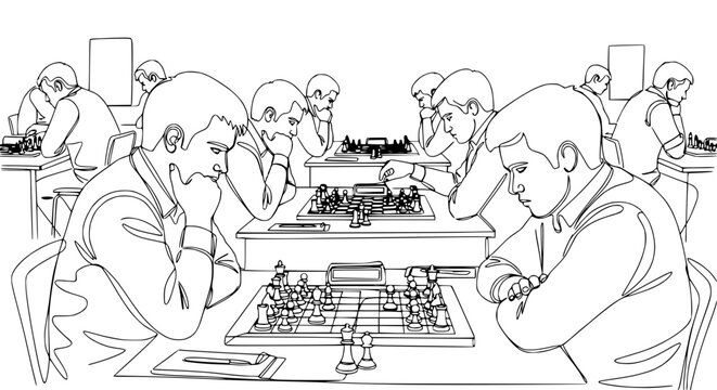 Drawn chess tournament with multiple players focused on their games