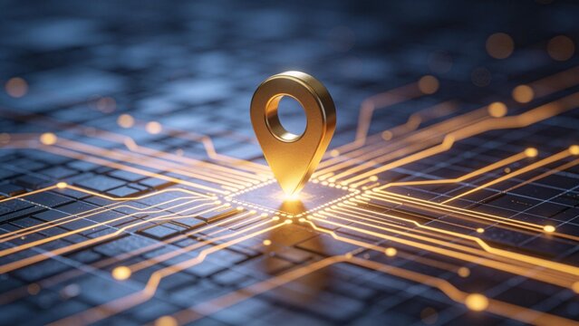 Golden location pin on glowing circuit board