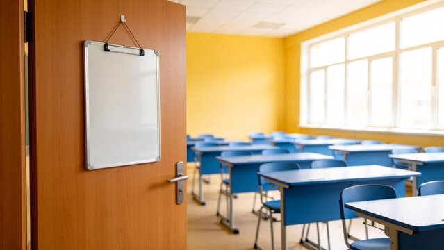 Empty classroom with blue desks