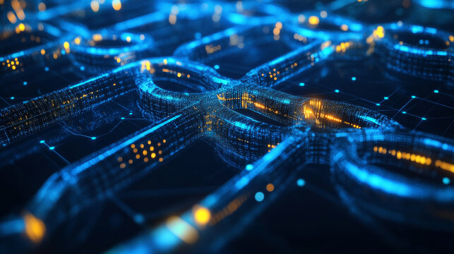 Cyberpunk futuristic abstract background with blue and yellow glowing digital network data streams