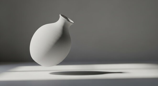 Minimalist white vase floating with soft shadow and light
