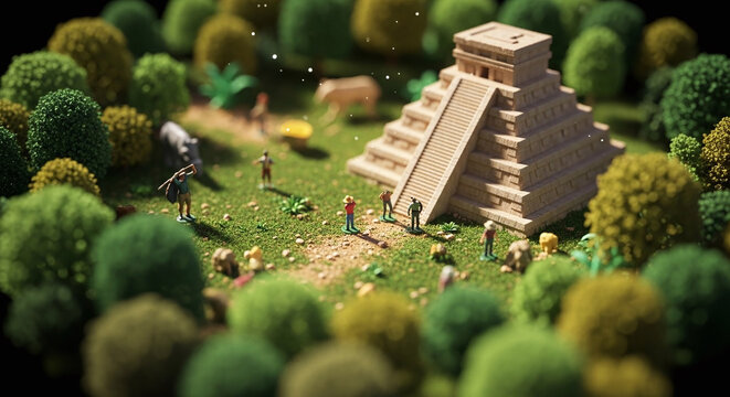 3D Miniature Diorama of Ancient Mayan Pyramid in Jungle Landscape