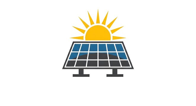 Renewable Solar Power Panel Vector Icon with Rising Sun Rays Geometric Logo Template