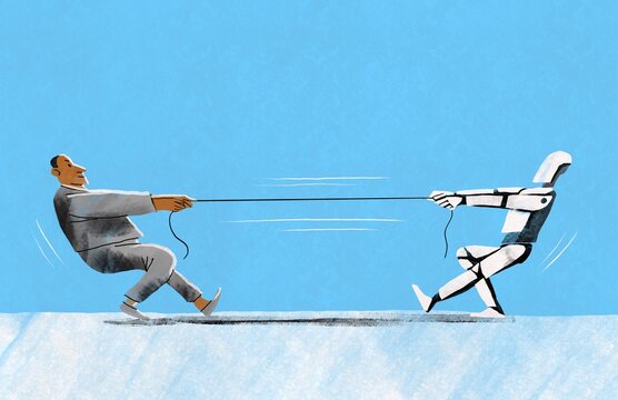 Human and Robot Tug of War &ndash; Technology vs Humanity Concept