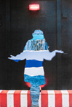 Analog collage combining water absracts with a womans silhouette