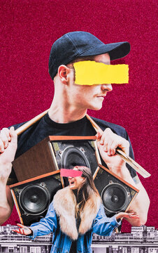 Analog collage two people facing opposite directions 