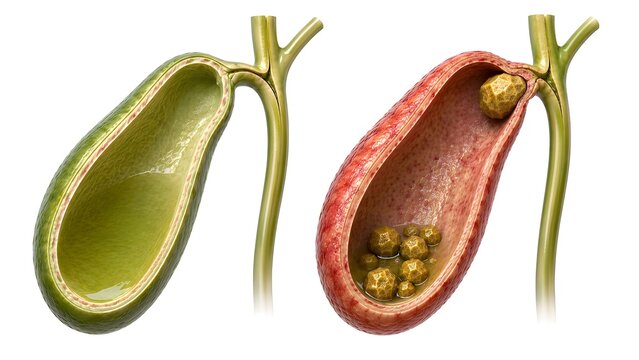 Comparing a healthy gallbladder with a gallbladder affected by cholelithiasis.  Normal bile-filled gallbladder alongside gallstone disease with cholesterol stones and cystic duct obstruction.