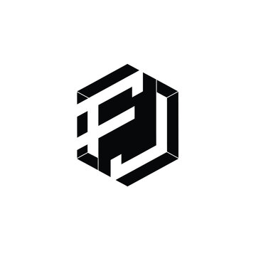 Abstract geometric hexagon with intersecting black lines and letters fj